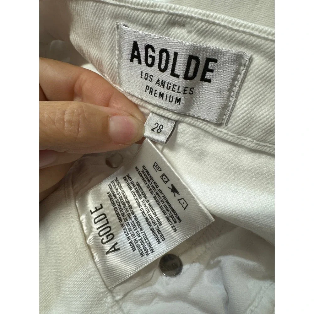 Agolde Nico High Rise Slim Jeans White Raw Hem Button Fly 28 Ankle Coastal Chic